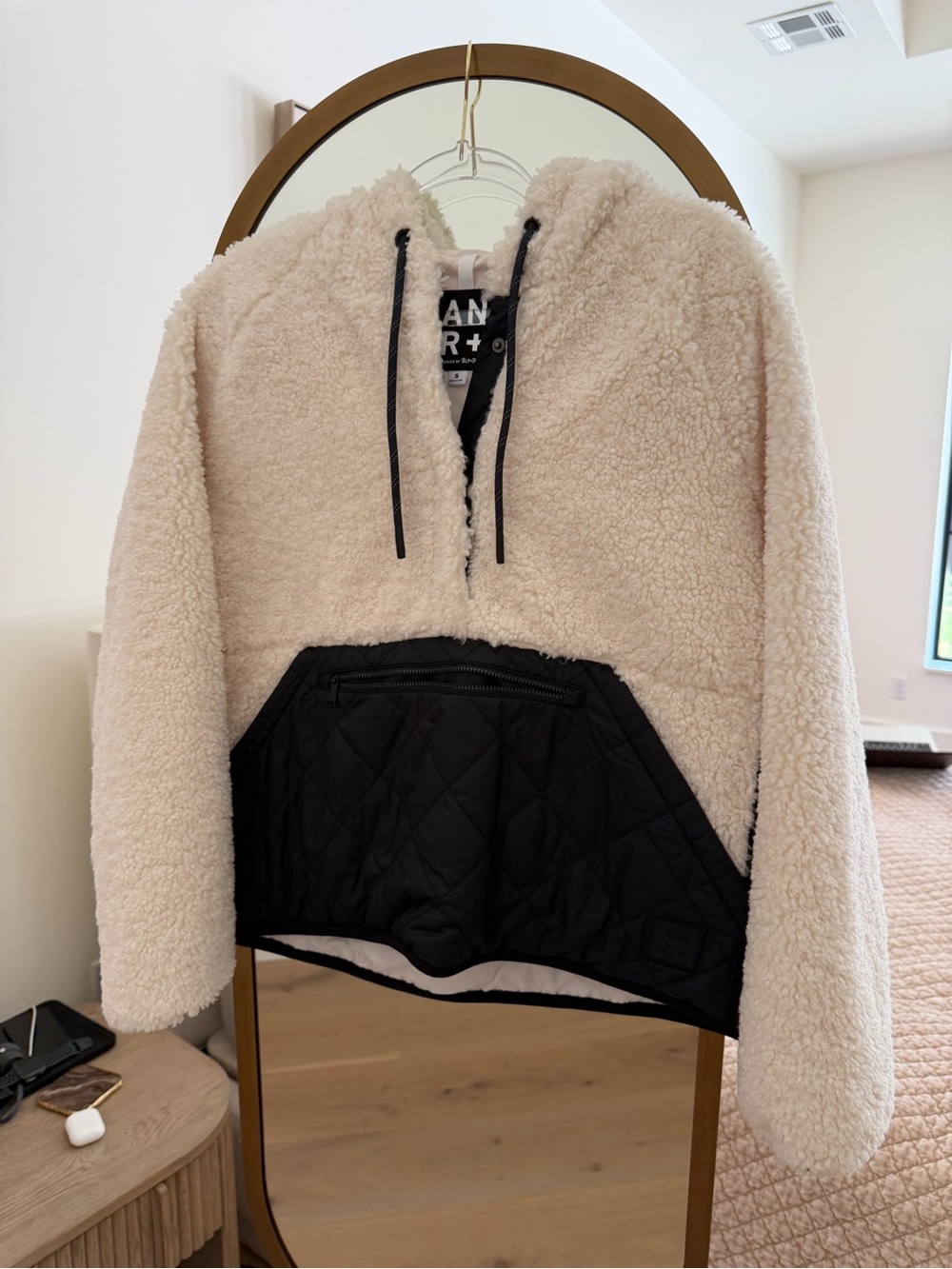Cozy Cream Sherpa Hoodie with Quilted Black Pocket